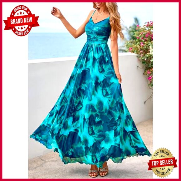 Floral Maxi Dress Boho Spaghetti Strap Mesh Sundress Elegant Party Beach Wear - Picture 3 of 7
